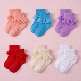 FRILLORA Baby Girl Double-Lace Ruffle Socks - White, Beige, Blue, Purple, Pink, Watermelon Red - 6 Pairs