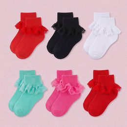 FRILLORA Baby Girl Double-Lace Ruffle Socks - White, Black, Red, Green, Hot Pink, Watermelon Red - 6 Pairs