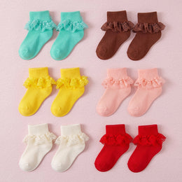 FRILLORA Baby Girl Double-Lace Ruffle Socks - Yellow, White, Green, Red, Pink, Brown - 6 Pairs