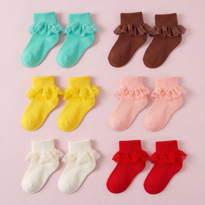 FRILLORA Baby Girl Double-Lace Ruffle Socks - Yellow, White, Green, Red, Pink, Brown - 6 Pairs