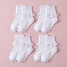 FRILLORA Girls Frilly Lace Ruffle Dress Socks - White - 4 Pairs