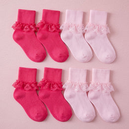 FRILLORA Girls Frilly Lace Ruffle Dress Socks - Pink, Hot Pink - 4 Pairs