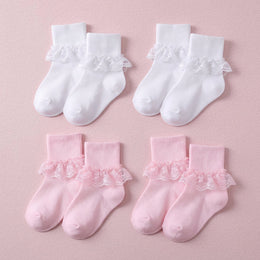 FRILLORA Girls Frilly Lace Ruffle Dress Socks - White, Pink - 4 Pairs