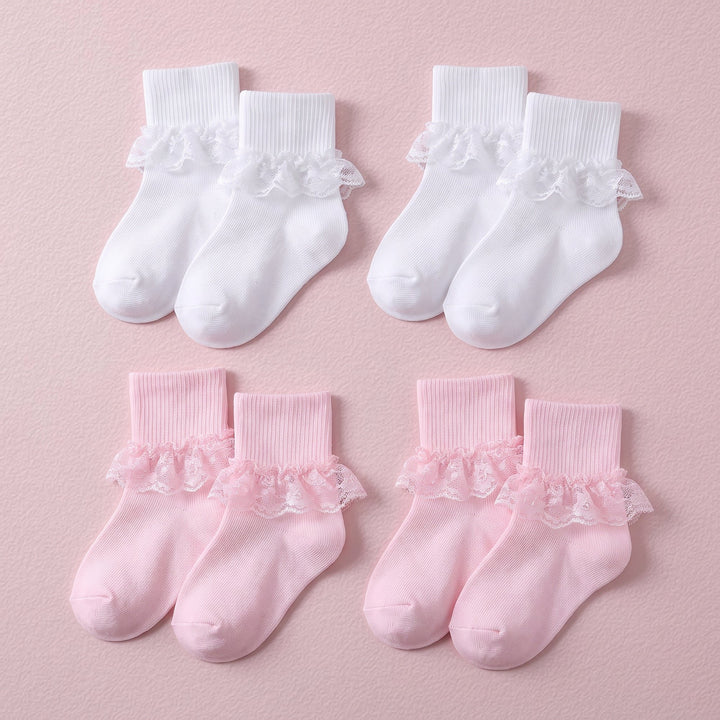 FRILLORA Girls Frilly Lace Ruffle Dress Socks - White, Pink - 4 Pairs