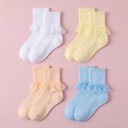 FRILLORA Girls Frilly Lace Ruffle Dress Socks - White, Blue, Yellow, Pink - 4 Pairs
