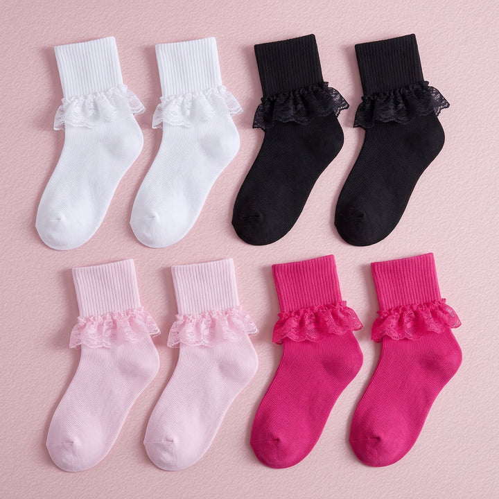 FRILLORA Girls Frilly Lace Ruffle Dress Socks - White, Black, Pink, Hot Pink - 4 Pairs