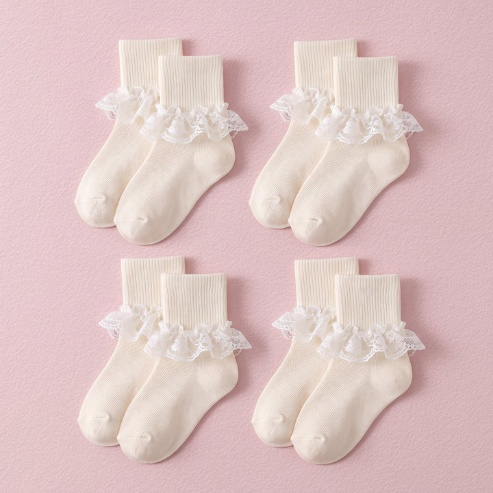 FRILLORA Girls Frilly Lace Ruffle Dress Socks - Beige - 4 Pairs