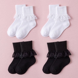 FRILLORA Girls Frilly Lace Ruffle Dress Socks - White, Black - 4 Pairs