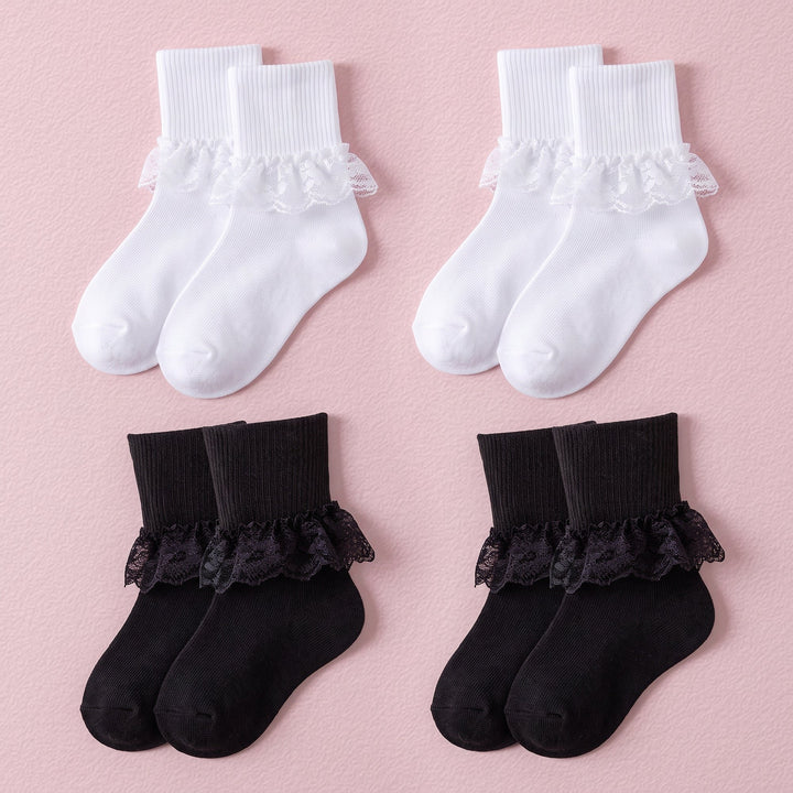 FRILLORA Girls Frilly Lace Ruffle Dress Socks - White, Black - 4 Pairs