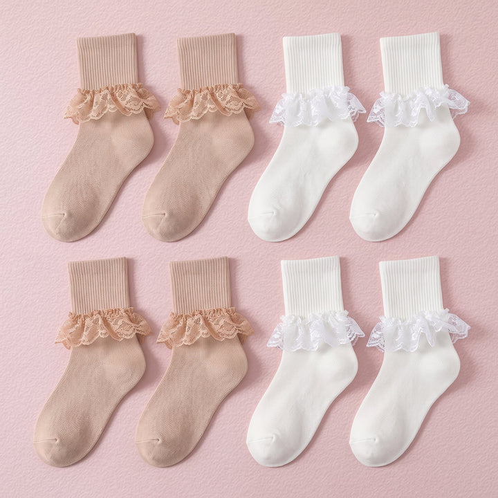 FRILLORA Girls Frilly Lace Ruffle Dress Socks - Beige, Apricot - 4 Pairs