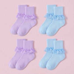 FRILLORA Girls Frilly Lace Ruffle Dress Socks - Blue, Purple - 4 Pairs