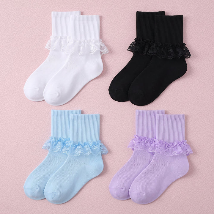 FRILLORA Girls Frilly Lace Ruffle Dress Socks - White, Black, Blue, Purple - 4 Pairs