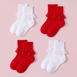 FRILLORA Girls Frilly Lace Ruffle Dress Socks - White, Red - 4 Pairs