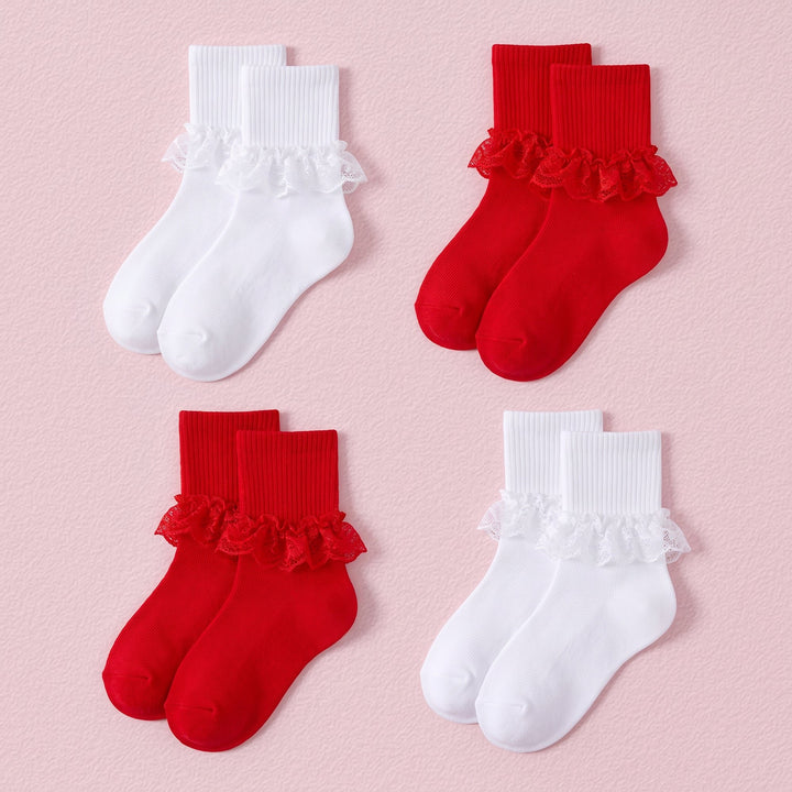 FRILLORA Girls Frilly Lace Ruffle Dress Socks - White, Red - 4 Pairs