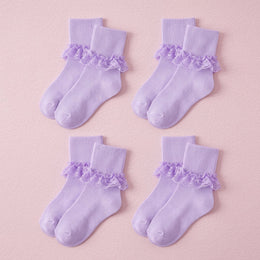 FRILLORA Girls Frilly Lace Ruffle Dress Socks - Purple - 4 Pairs