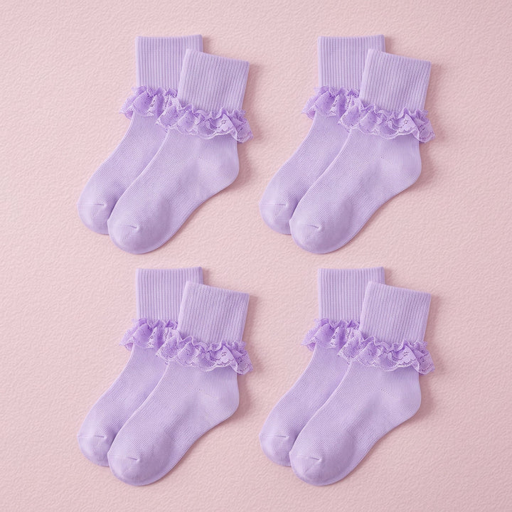 FRILLORA Girls Frilly Lace Ruffle Dress Socks - Purple - 4 Pairs