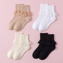 FRILLORA Girls Frilly Lace Ruffle Dress Socks - White, Black, Beige, Apricot - 4 Pairs