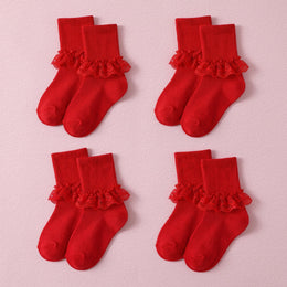 FRILLORA Girls Frilly Lace Ruffle Dress Socks - Red - 4 Pairs