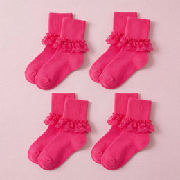 FRILLORA Girls Frilly Lace Ruffle Dress Socks - Hot Pink - 4 Pairs