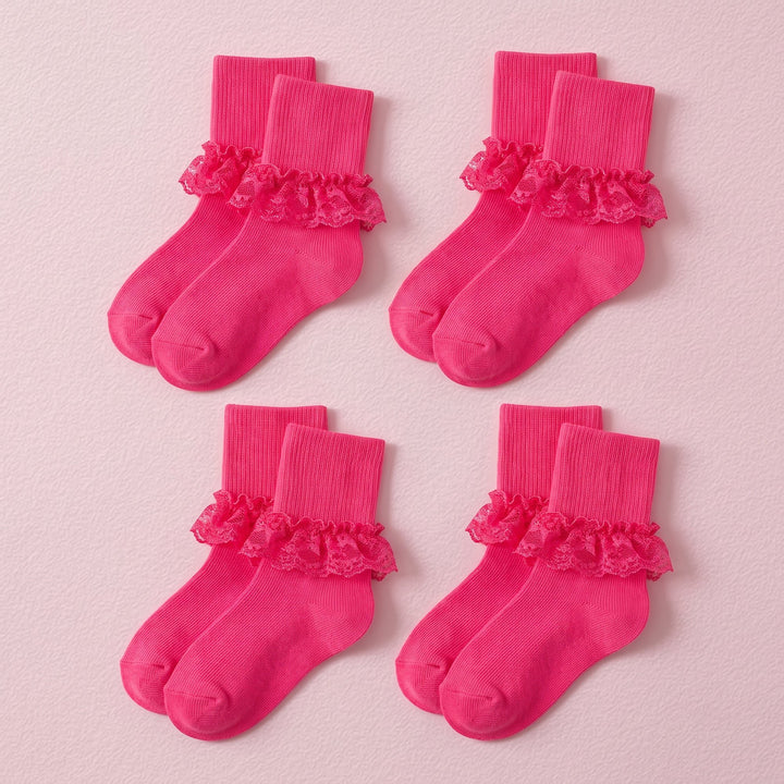 FRILLORA Girls Frilly Lace Ruffle Dress Socks - Hot Pink - 4 Pairs