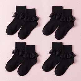 FRILLORA Girls Frilly Lace Ruffle Dress Socks - Black - 4 Pairs