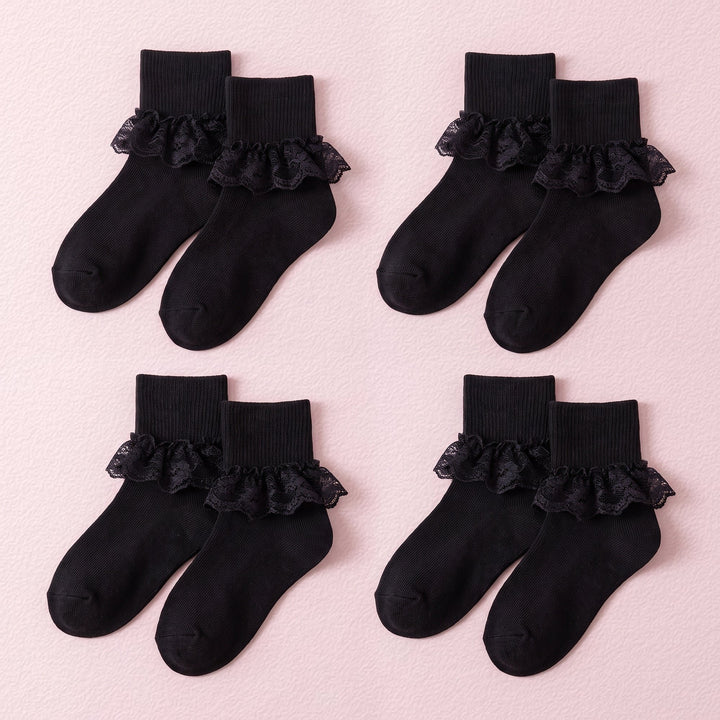 FRILLORA Girls Frilly Lace Ruffle Dress Socks - Black - 4 Pairs