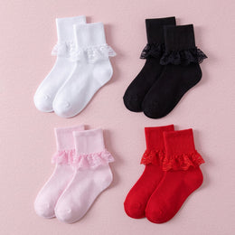 FRILLORA Girls Frilly Lace Ruffle Dress Socks - White, Black, Red, Pink - 4 Pairs
