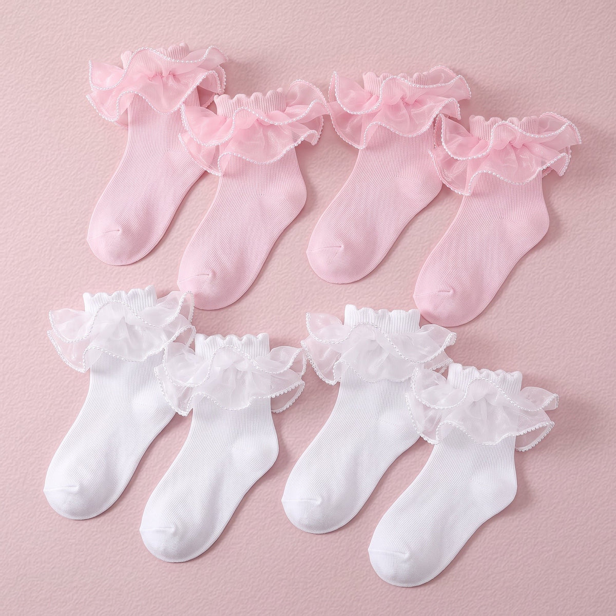 FRILLORA Girls Pearl Lace Ruffle Dress Socks - White, Pink - 4 Pairs