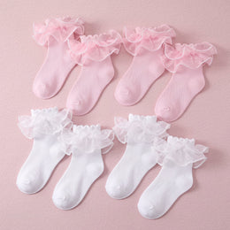 FRILLORA Girls Pearl Lace Ruffle Dress Socks - White, Pink - 4 Pairs