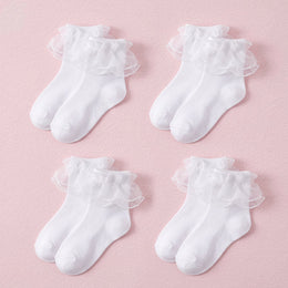 FRILLORA Girls Pearl Lace Ruffle Dress Socks - White - 4 Pairs