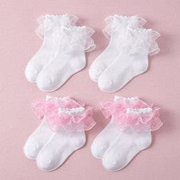FRILLORA Girls Pearl Lace Ruffle Dress Socks - White, Pink 2# - 4 Pairs