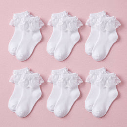 FRILLORA Girls White Lace Ruffle Dress Socks - White - 6 Pairs
