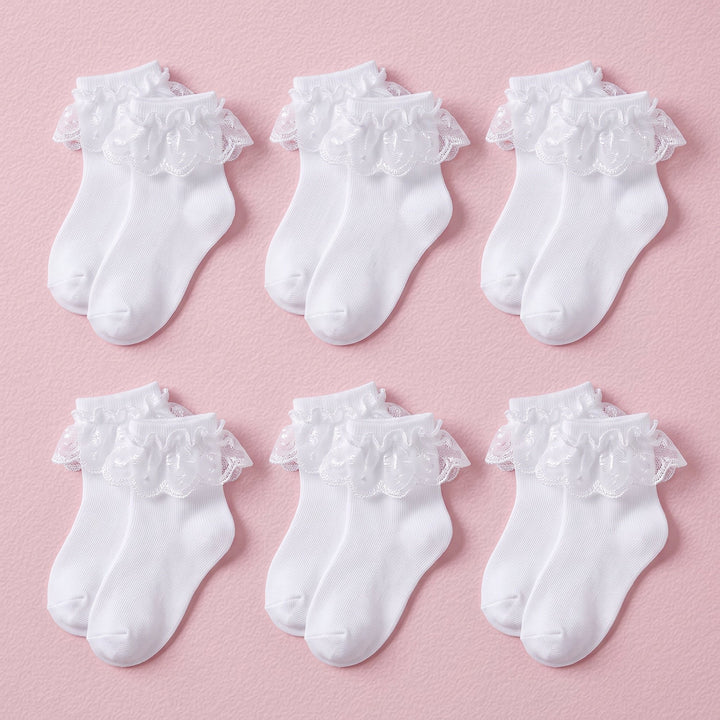 FRILLORA Girls White Lace Ruffle Dress Socks - White - 6 Pairs
