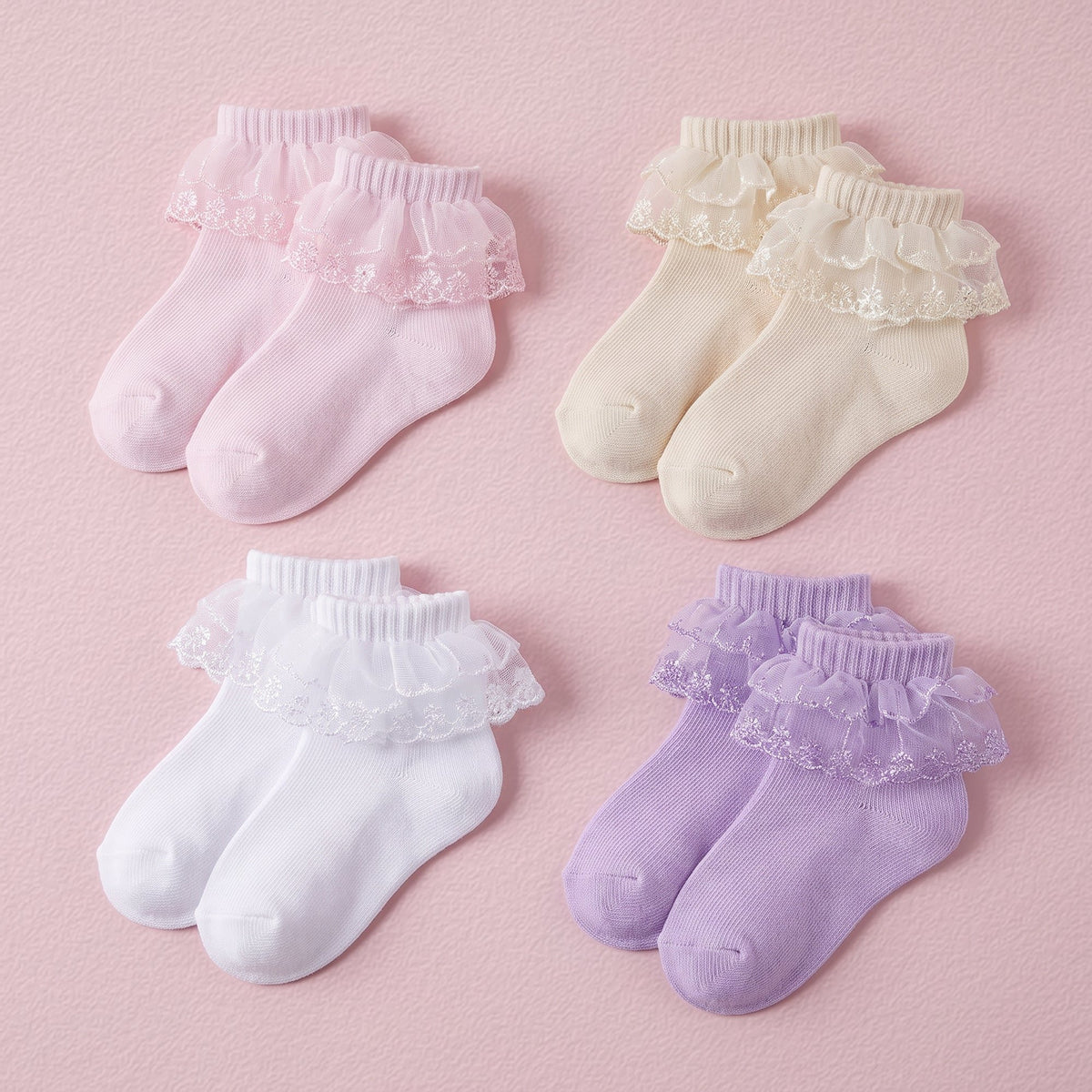 FRILLORA Girls Lace Ruffle Princess Dress Socks - White, Pink, Yellow, Purple - 4 Pairs