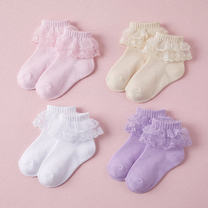 FRILLORA Girls Lace Ruffle Princess Dress Socks - White, Pink, Yellow, Purple - 4 Pairs