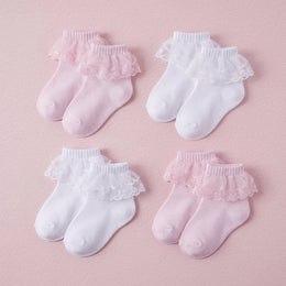 FRILLORA Girls Lace Ruffle Princess Dress Socks - White, Pink - 4 Pairs