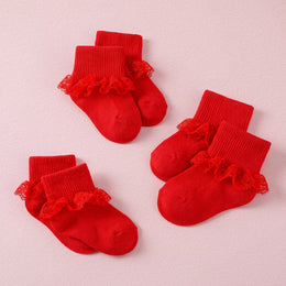 FRILLORA Baby Girl Turn-Cuff Ruffle Dress Socks - Red - 3 Pairs