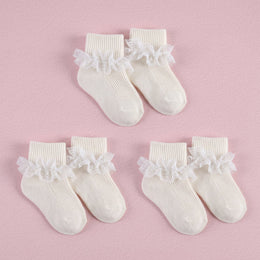 FRILLORA Baby Girl Turn-Cuff Ruffle Dress Socks - Beige - 3 Pairs