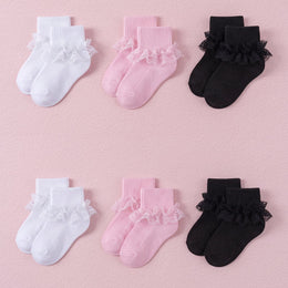 FRILLORA Baby Girl Turn-Cuff Ruffle Dress Socks - Black, White, Pink - 6 Pairs