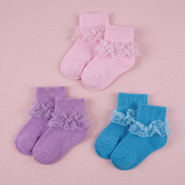 FRILLORA Baby Girl Turn-Cuff Ruffle Dress Socks - Purple, Blue, Pink - 3 Pairs
