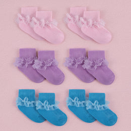 FRILLORA Baby Girl Turn-Cuff Ruffle Dress Socks - Purple, Blue, Pink - 6 Pairs