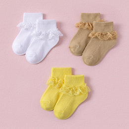 FRILLORA Baby Girl Turn-Cuff Ruffle Dress Socks - White, Khaki, Yellow - 3 Pairs