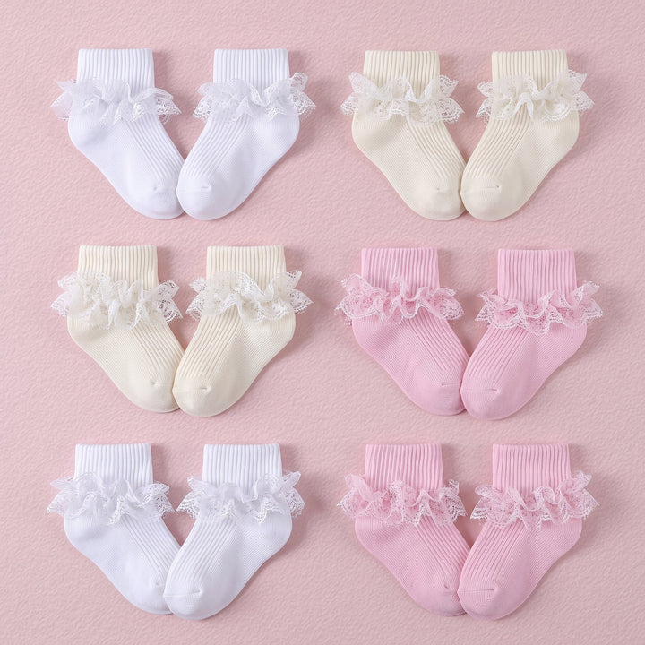 FRILLORA Baby Girl Turn-Cuff Ruffle Dress Socks - White, Beige, Pink - 6 Pairs