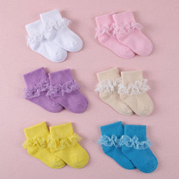 FRILLORA Baby Girl Turn-Cuff Ruffle Dress Socks - White, Pink, Blue, Purple, Yellow, Beige - 6 Pairs