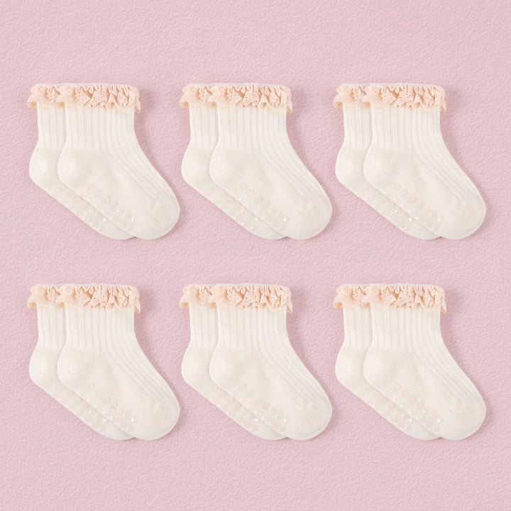 FRILLORA Baby Girl Ruffle Dress Socks - Beige - 6 Pairs