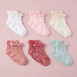 FRILLORA Baby Girl Ruffle Dress Socks - White, Beige, Khaki, Peach, Pink, Green - 6 Pairs
