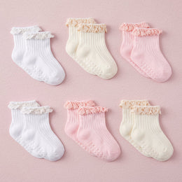FRILLORA Baby Girl Ruffle Dress Socks - White, Beige, Pink - 6 Pairs