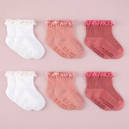 FRILLORA Baby Girl Ruffle Dress Socks - White, Peach, Pink - 6 Pairs