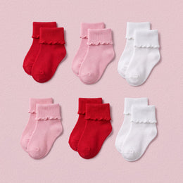 FRILLORA Baby Girl Comfy Turn-Cuff Ruffle Socks - White, Pink, Red - 6 Pairs