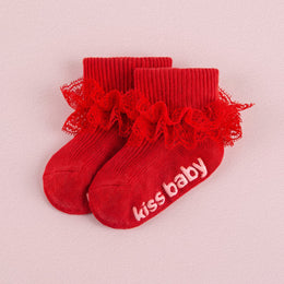 FRILLORA Baby Girl Ruffle Grip Socks, Turn Cuff - Red - 1 Pair